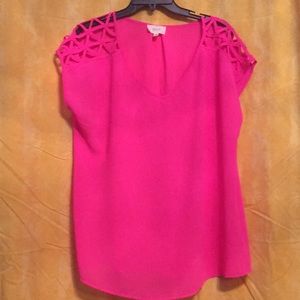 Bright pink sheer, V neck blouse (3X)